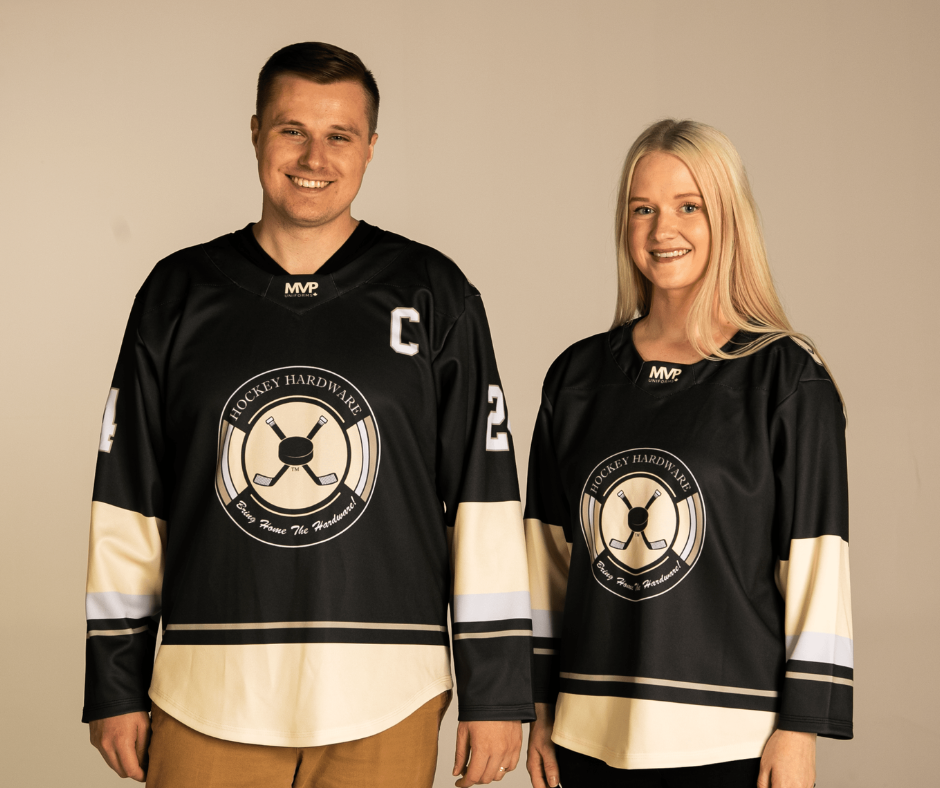 Billy and Katherine Morrison pose for a photo in their Hockey Hardware jerseys, which were made in Canada by MVP Uniforms.