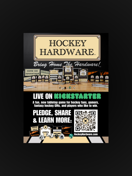 A promotional poster for the Hockey Hardware Kickstarter campaign featuring an illustration of game components on display, including cards and dice. The image also has a QR code with text detailing the Kickstarter campaign.