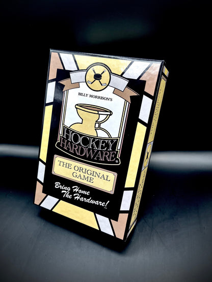 The front side of the Hockey Hardware game box, which is standing upwards on display.