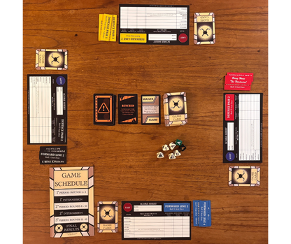 Hockey Hardware components that are set-up and ready to play on a wooden table surface.