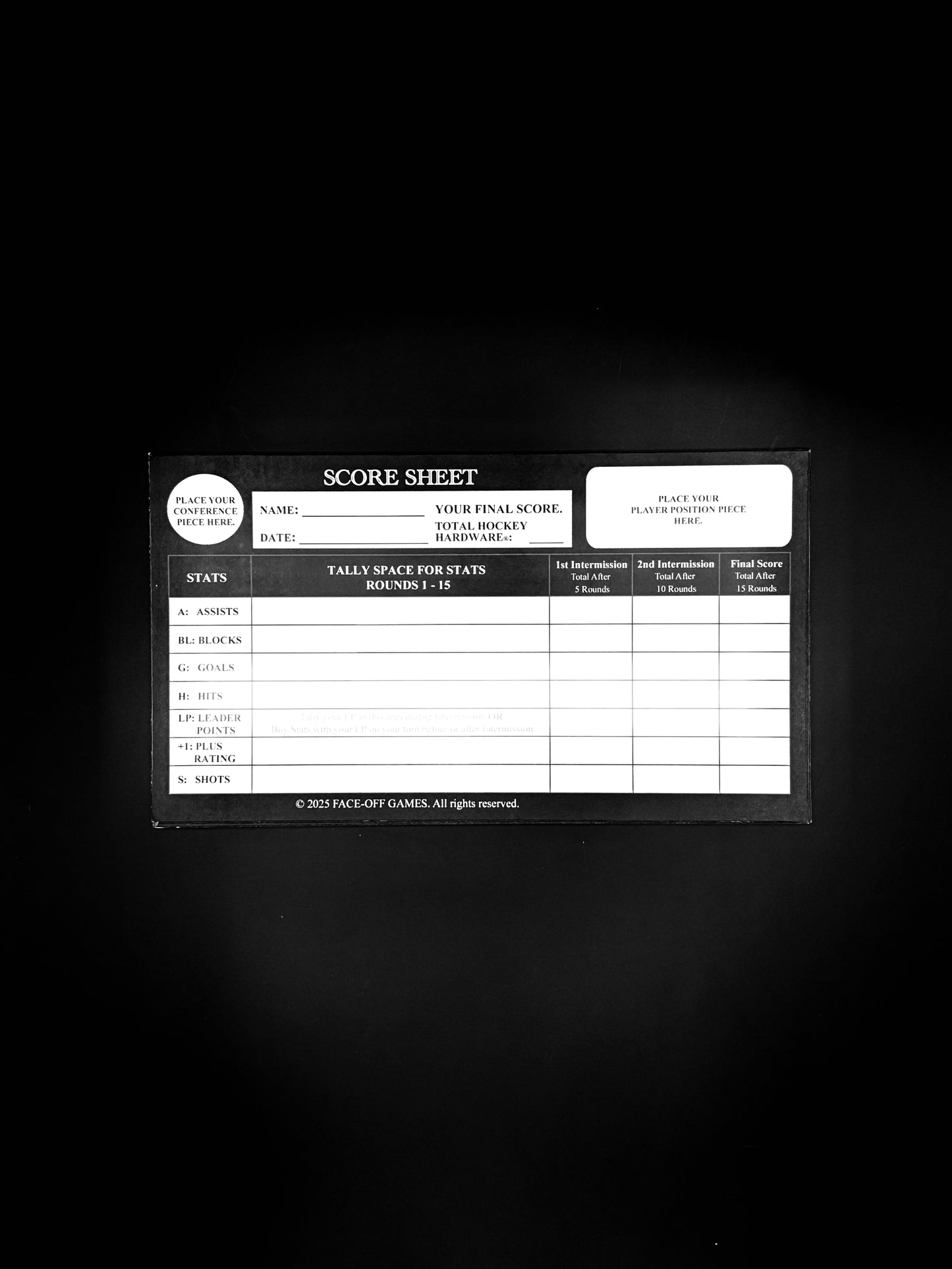 A Hockey Hardware Score Sheet Notepad displaying a single sheet of paper with a table structure for scoring, against a black background. This Score Sheet Notepad plays with Hockey Hardware: The Original Game.