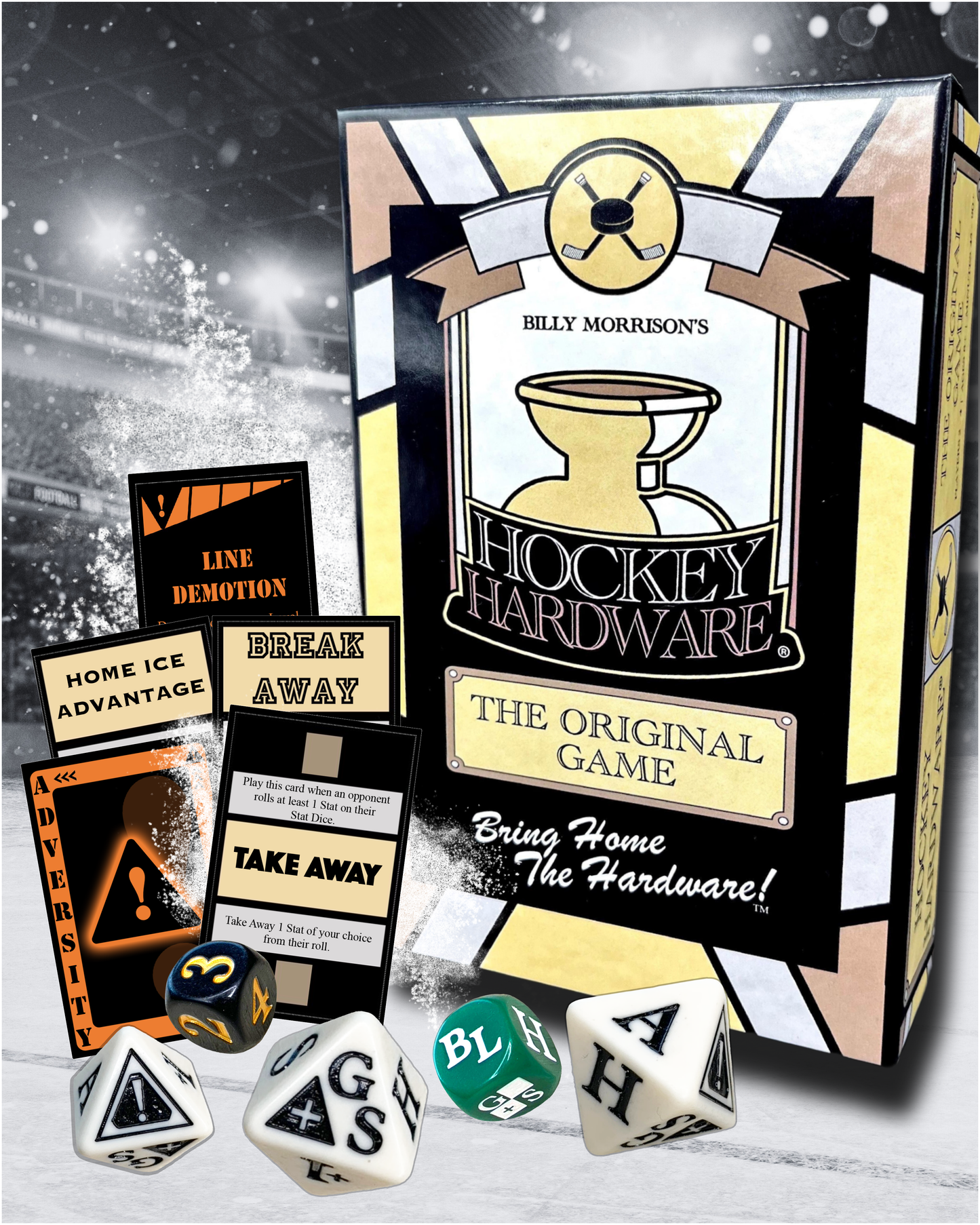A Hockey Hardware graphic that shows the game box along with cards and dice positioned in front of a hockey arena setting with bright lights.