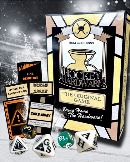 A Hockey Hardware graphic that shows the game box along with cards and dice positioned in front of a hockey arena setting with bright lights.