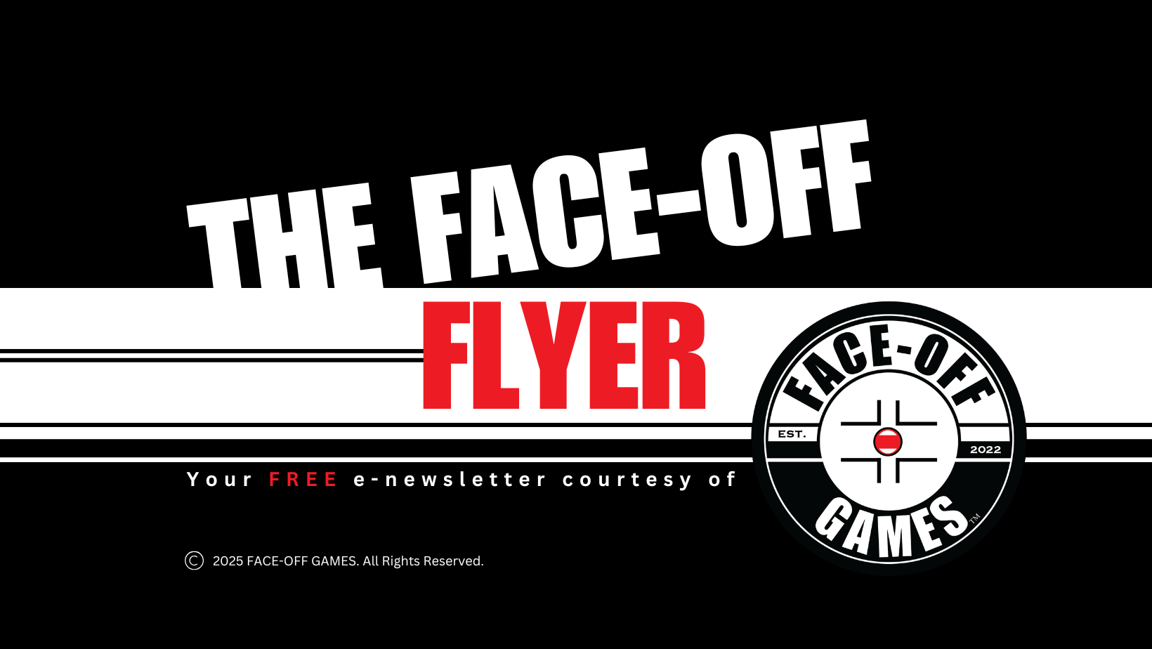 Promotional graphic for 'THE FACE-OFF FLYER' with branding elements.